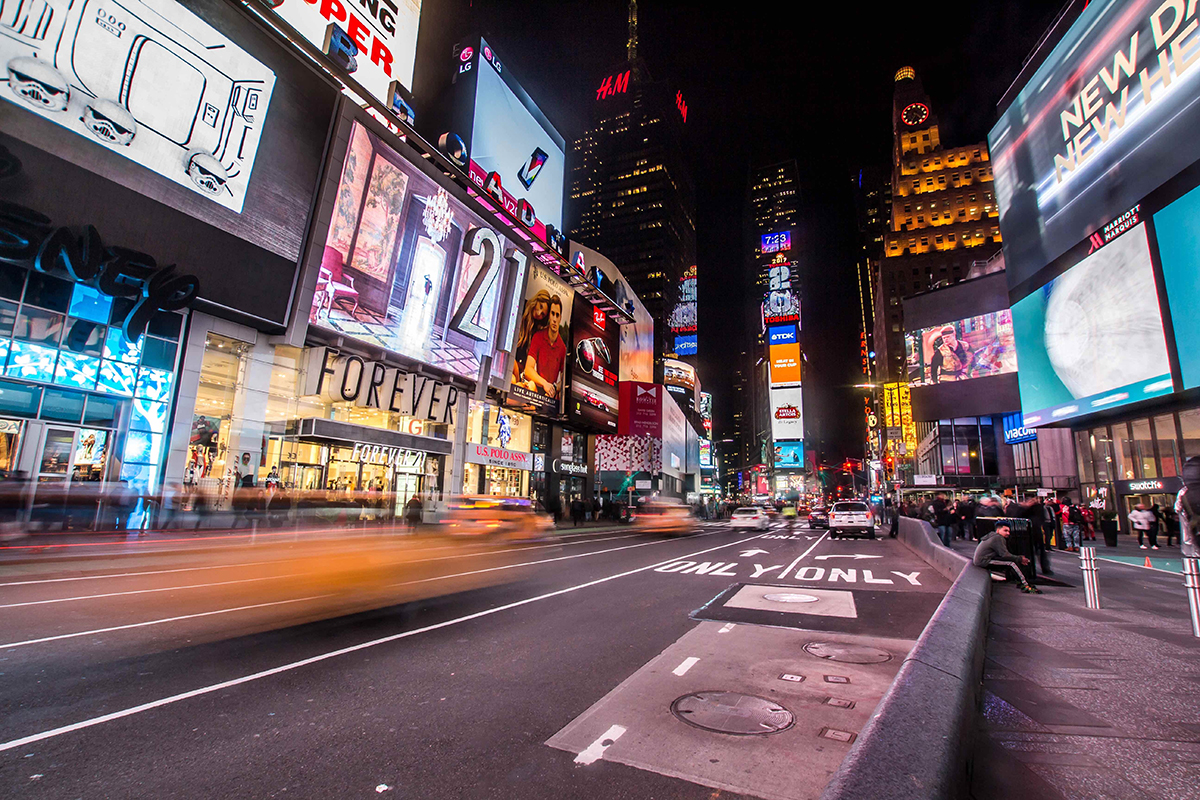 Busy New York street and stores