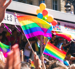 Pride parade with rainbow flags