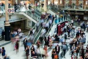 Busy mall with people walking