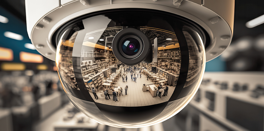 Close-up of a security camera's lens reflecting panorama of retail store.