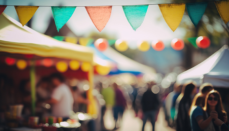 Abstract street fair blurred horizontal background, outdoor backdrop with copy space. AI generative image.