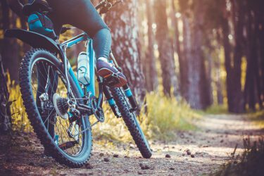 Person on a mountain bike about to head out on a trail in the forest.