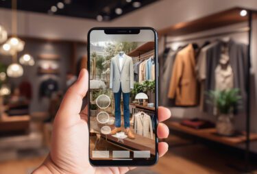 Hand holding a cell phone showing AI-powered visual search of men's clothing.