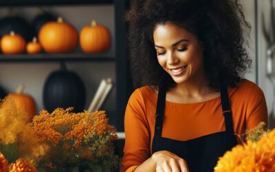 Woman in a retail store with fall decorations around her.