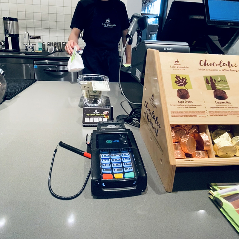 Point of sale checkout counter at Lake Champlain Chocolates.