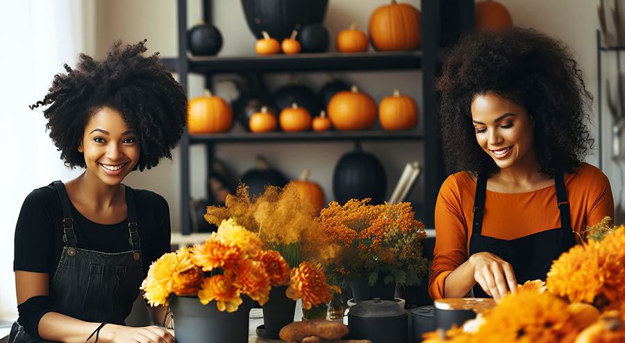 Two women in a retail shop decorating with pumpkins and fall flowers.