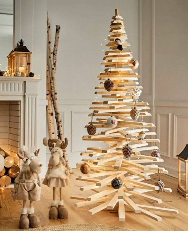 Pieces of wood crafted to look like a Christmas tree with ornaments on it.