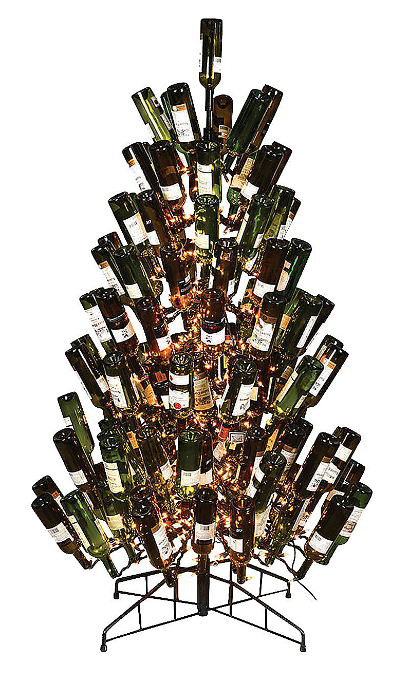 Wine bottles on a wire rack made to look like a tree.