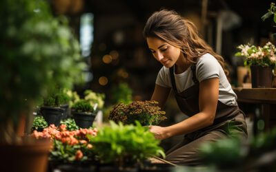 Florist female pruning potted flower at garden center