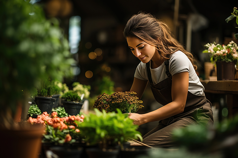 Florist female pruning potted flower at garden center