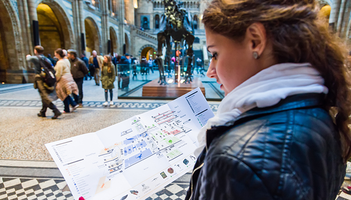 Girl looking to the map of the natural history museum.