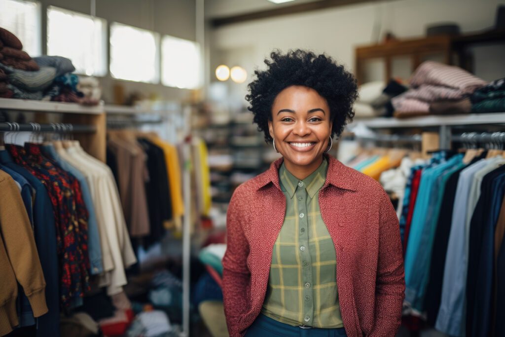 Female thrift store owner standing between aisles of clothing.