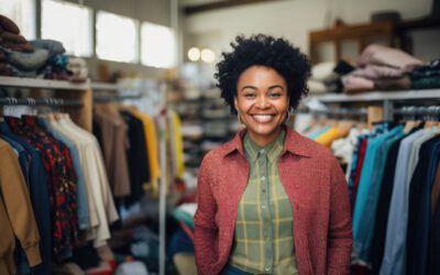 Female thrift store owner standing between aisles of clothing.