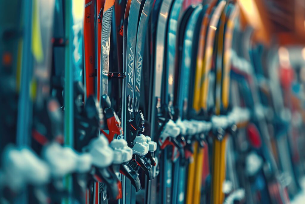 A row of skis lined up against a wall.