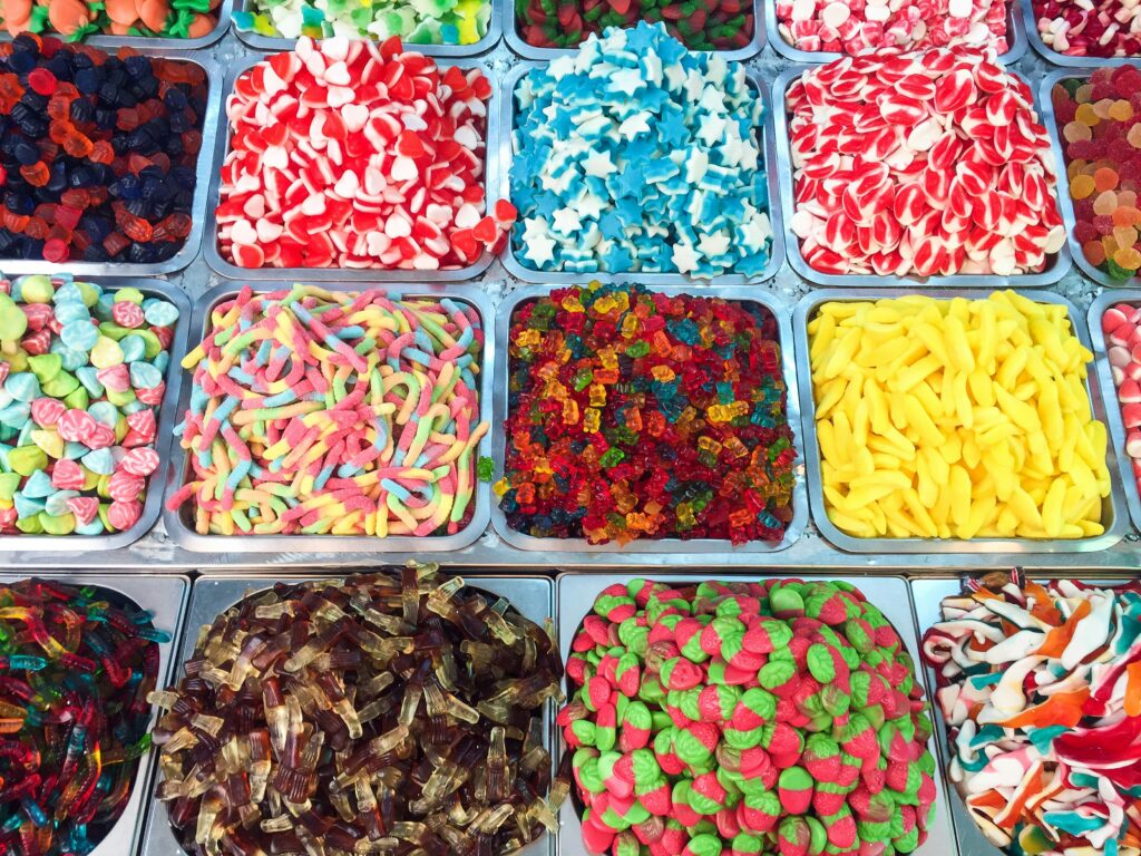 Retail business selling bulk candy by the pound using integrated scales
