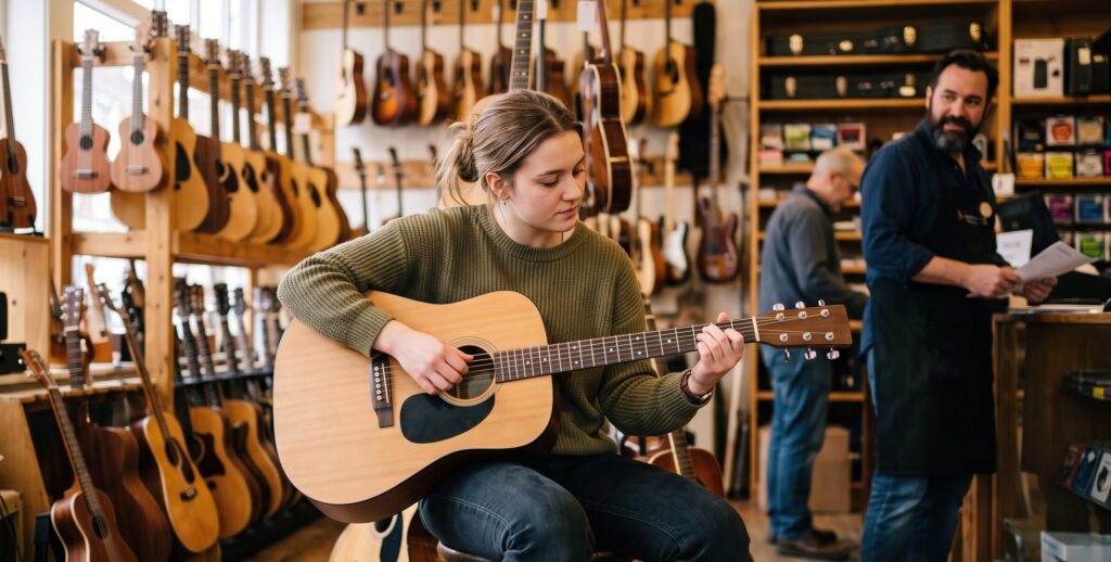 Guitar store worker listens to customer playing guitar.